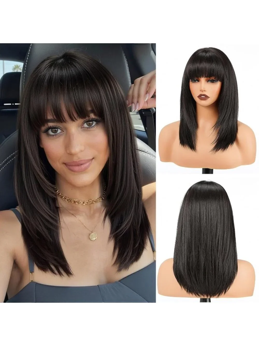 Women's 16 Inch Black Highlight Wig Bang Layered Straight Shoulder Length